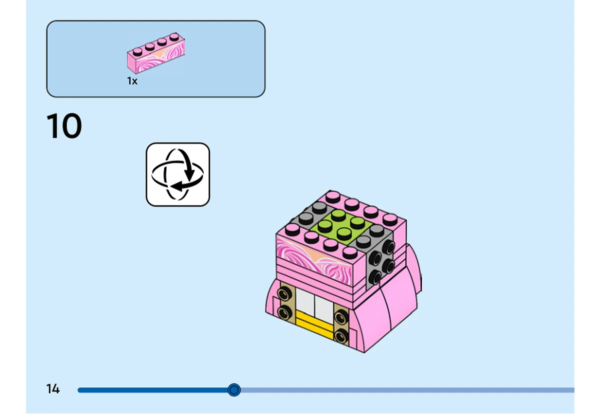Notice officielle LEGO 40794, livret 6592653, page 14, étape 10 : Après retournement, la brique rose 1 × 4 imprimée ferme l’avant du torse au-dessus de la robe.