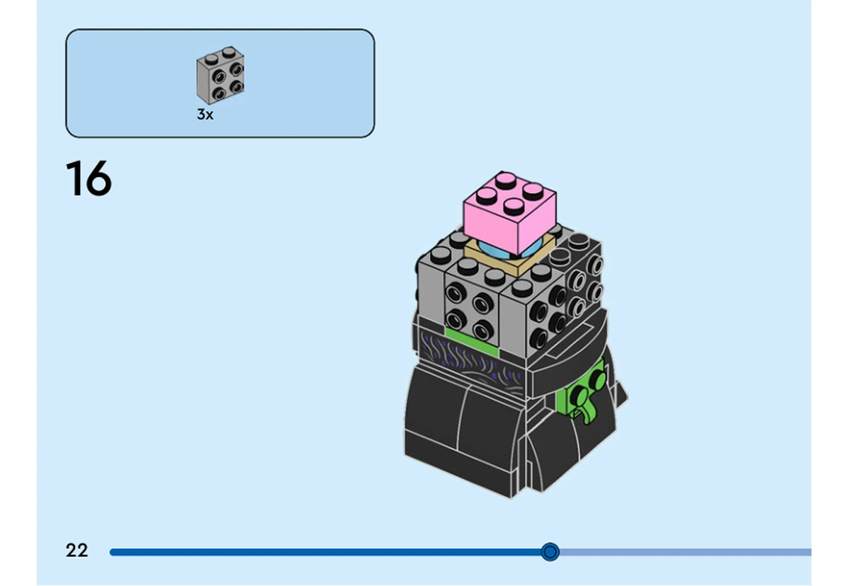 Notice officielle LEGO 40794, livret 6595504, page 22, étape 16 : Trois supports gris à tenons latéraux complètent le noyau de tête au-dessus du vêtement imprimé. La brique rose du sommet est déjà en place.