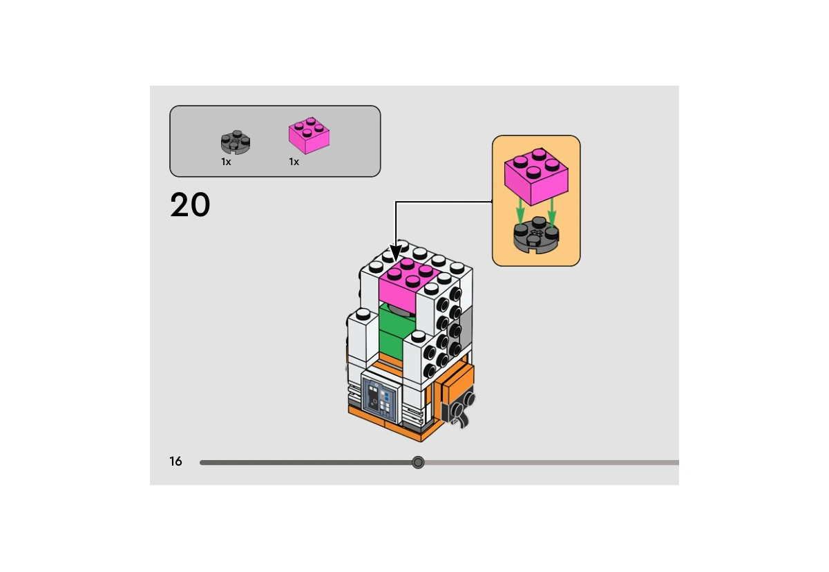Notice officielle LEGO 40795, livret 6569338, page 16, étape 20 : Une plaque ronde gris foncé reçoit une brique rose 2  ×  2. Le petit support est posé dans le noyau blanc ouvert, au-dessus de l’intérieur vert et du torse orange imprimé.