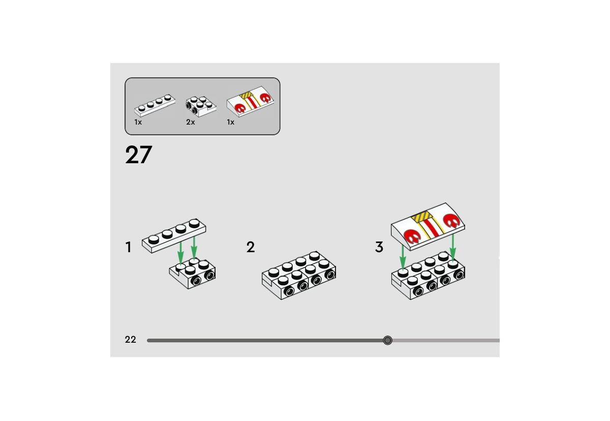 Notice officielle LEGO 40795, livret 6569338, page 22, étape 27 : Une plaque blanche 1  ×  4 relie deux briques blanches à tenons latéraux. La tuile blanche imprimée de symboles rouges et de bandes est fixée à l’avant ; ce panneau reste un sous-ensemble détaché sur cette page.