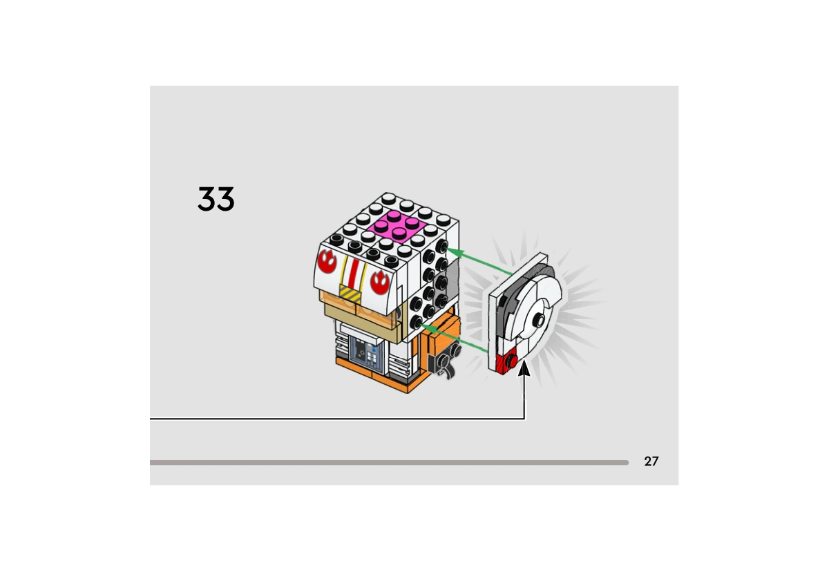 Notice officielle LEGO 40795, livret 6569338, page 27, étape 33 : Le panneau blanc et gris déjà assemblé, avec ses détails circulaires et sa petite pièce rouge, est approché du côté de la tête. La flèche indique sa fixation sur les tenons latéraux ; le dessus de la tête reste ouvert.