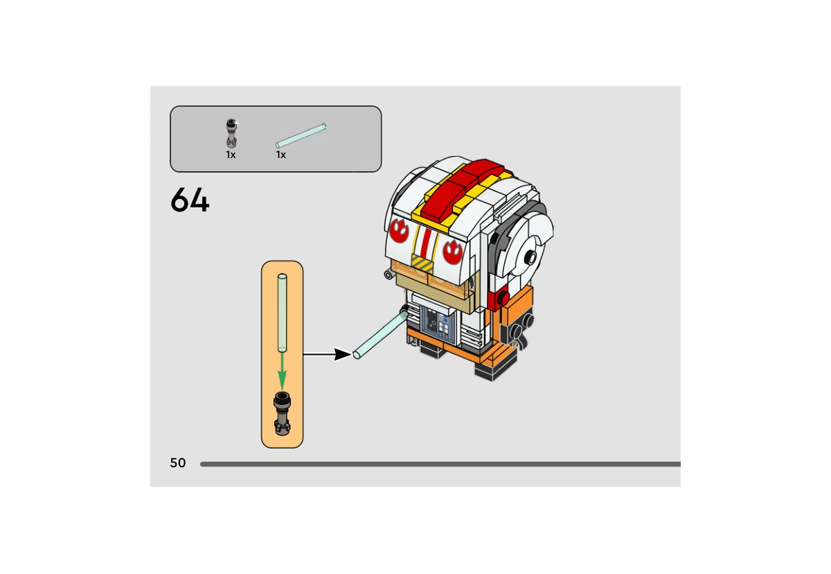 Notice officielle LEGO 40795, livret 6569338, page 50, étape 64 : La lame bleu clair transparente s’insère dans la poignée du sabre. L’accessoire complet rejoint la main du pilote, dont le casque est déjà fermé.