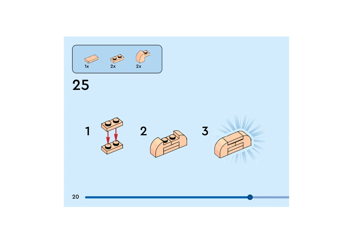 Notice officielle LEGO 40797, livret 6561698, page 20, étape 25 : Deux plaques nougat clair 1  ×  2 sont superposées. Deux arcs encadrent l’assemblage, recouvert d’une tuile nougat clair 1  ×  2 ; le museau est encore détaché sur cette page.