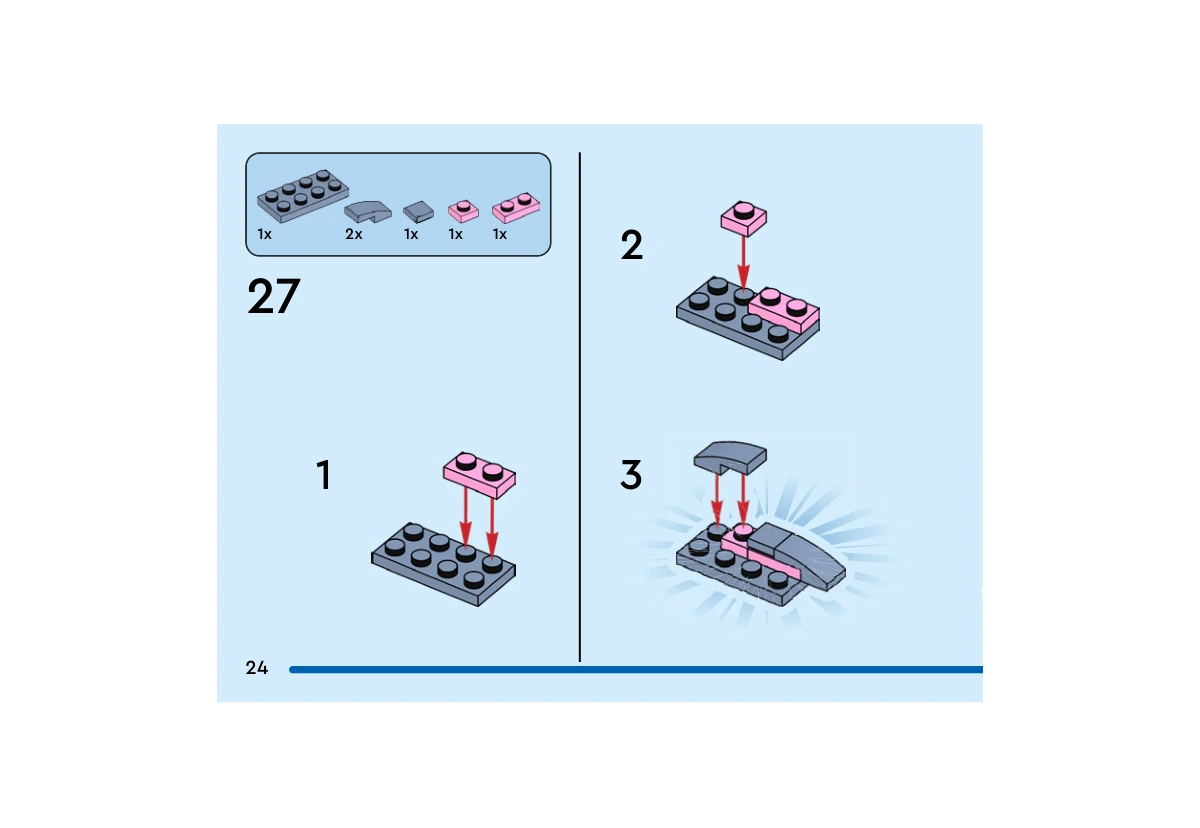 Notice officielle LEGO 40797, livret 6561698, page 24, étape 27 : Une plaque bleu sable 2  ×  4 reçoit des plaques roses 1  ×  2 et 1  ×  1. Deux petites pièces courbes et une tuile bleu sable recouvrent une partie de cet assemblage ; la suite de l’étape se trouve page 25.