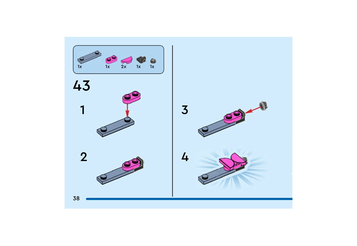 Notice officielle LEGO 40797, livret 6561698, page 38, étape 43 : Une plaque bleu sable allongée reçoit une plaque rose foncé arrondie et un support noir. Une petite touffe noire s’y fixe ; deux tuiles roses en demi-cercle composent ensuite le nœud. Le sous-ensemble est détaché sur cette page.
