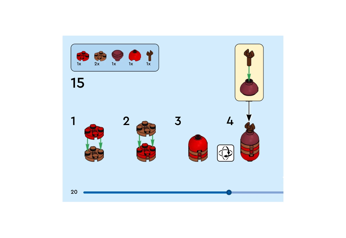 Notice officielle LEGO 40798, livret 6561699, page 20, étape 15 : Une plaque ronde rouge est prise entre deux plaques rondes brun rougeâtre. Un dôme rouge ferme un côté ; un dôme inversé rouge foncé et un petit raccord brun ferment l’autre. La queue est encore détachée.