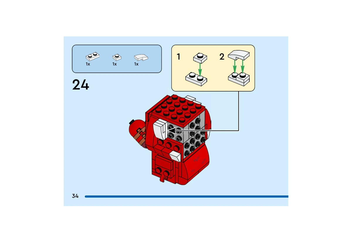 Notice officielle LEGO 40798, livret 6561699, page 34, étape 24 : Une plaque blanche 1  ×  2, une plaque blanche 1  ×  1 et une pièce courbe blanche forment un petit assemblage. La flèche le dirige vers le côté de la tête, dont les tenons latéraux gris restent apparents.