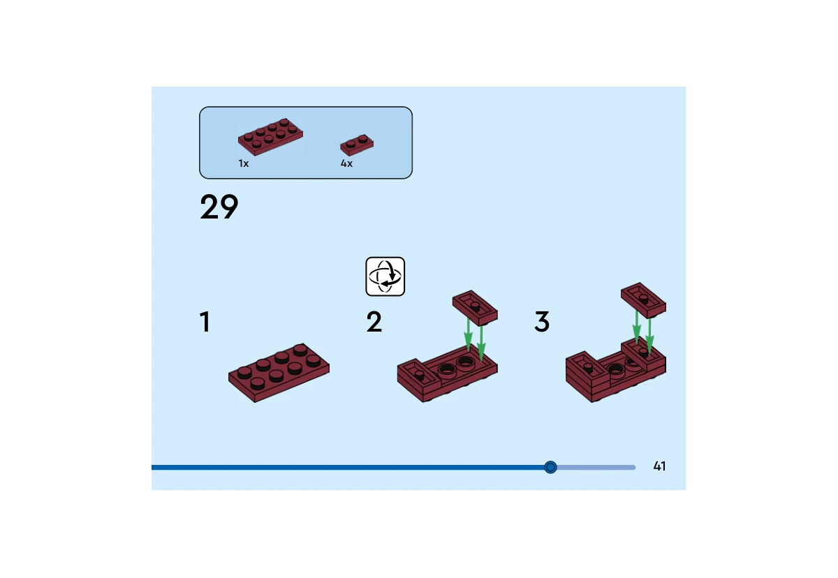 Notice officielle LEGO 40798, livret 6561699, page 41, étape 29 : Une plaque rouge foncé 2  ×  4 est retournée. Quatre plaques rouge foncé 1  ×  2 sont ajoutées dessous, deux de chaque côté ; cette page prépare le panneau sans montrer sa fixation sur la tête.