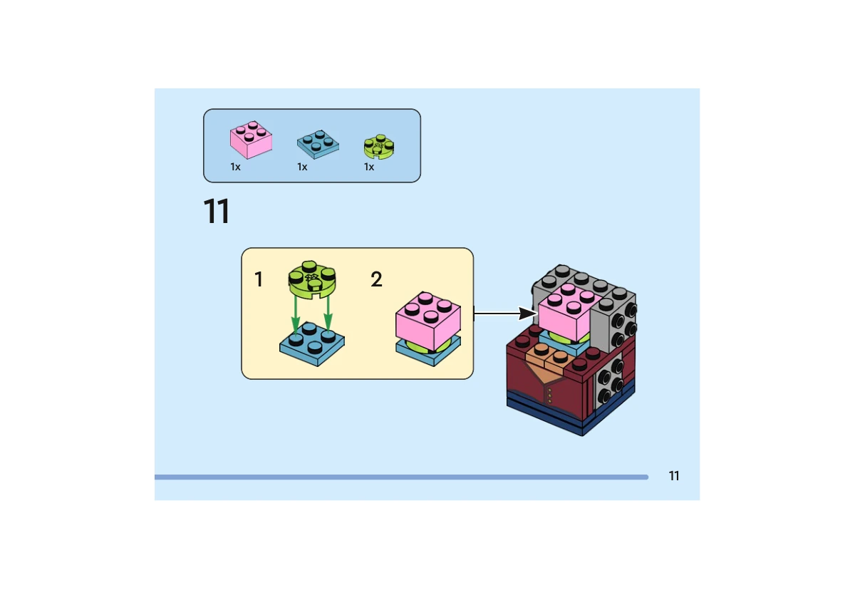 Notice officielle LEGO 40799, livret 6592656, page 11, étape 11 : Une plaque ronde vert citron est placée sur une plaque bleu sable 2  ×  2 ; une brique rose 2  ×  2 les recouvre. Le support est inséré dans le noyau gris ouvert au-dessus du gilet rouge.