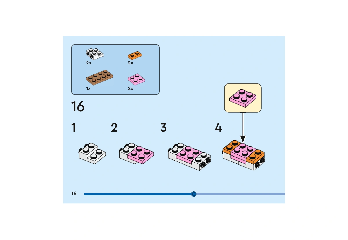 Notice officielle LEGO 40800, livret 6592659, page 16, étape 16 : Deux plaques modifiées blanches 2×2×2/3 à deux tenons latéraux sont reliées par deux plaques rose vif 2×2, puis complétées par deux plaques orange 1×2. La plaque brune listée dans l’encadré intervient à la sous-étape suivante, page 17.
