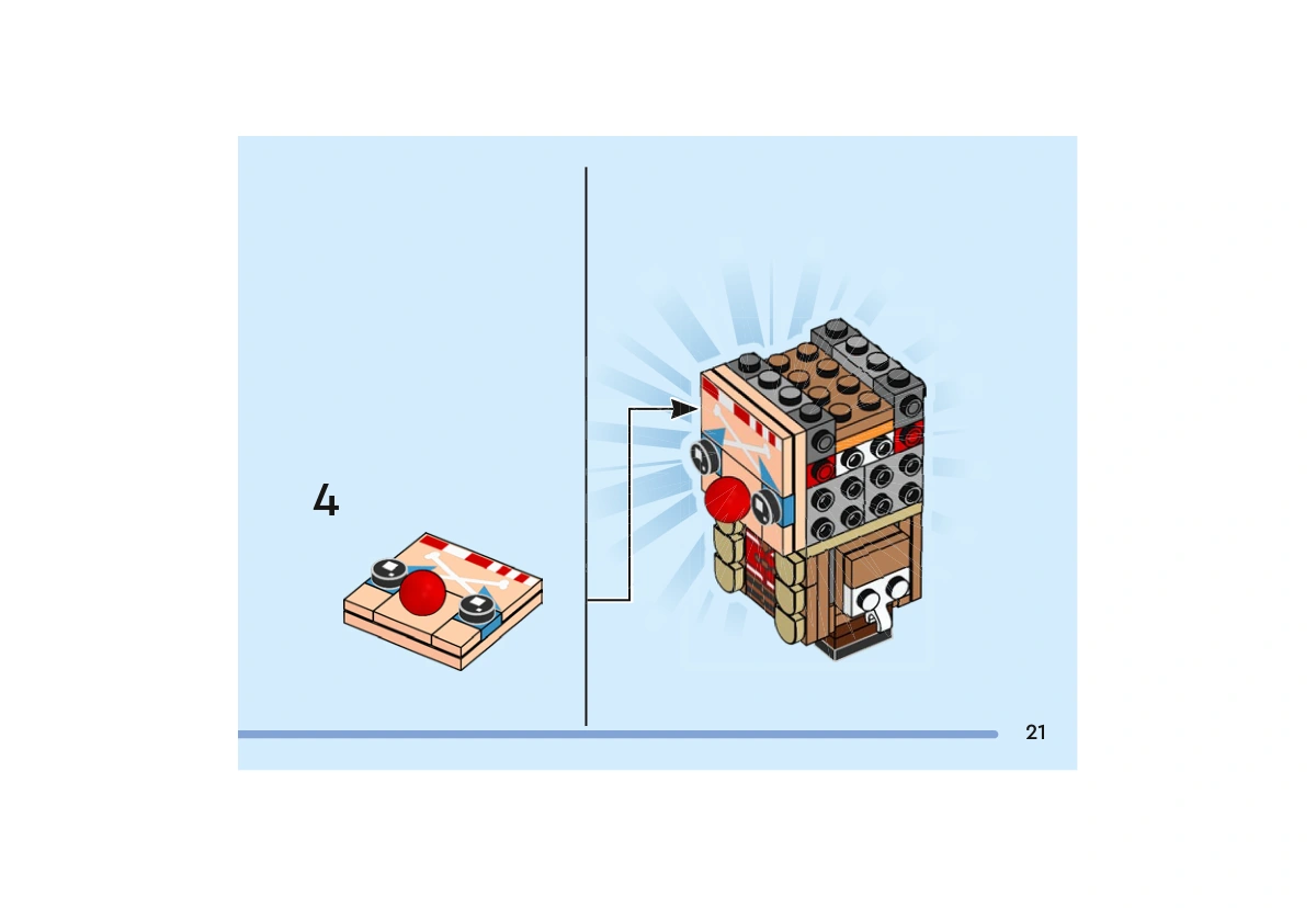 Notice officielle LEGO 40800, livret 6592659, page 21, étape 20 — sous-étape 4 : Le visage portant déjà le bandeau imprimé, les deux yeux noirs et le nez rouge est fixé à l’avant de la tête. Cette page montre la fixation du sous-ensemble ; les yeux et le nez ont été posés page 20.