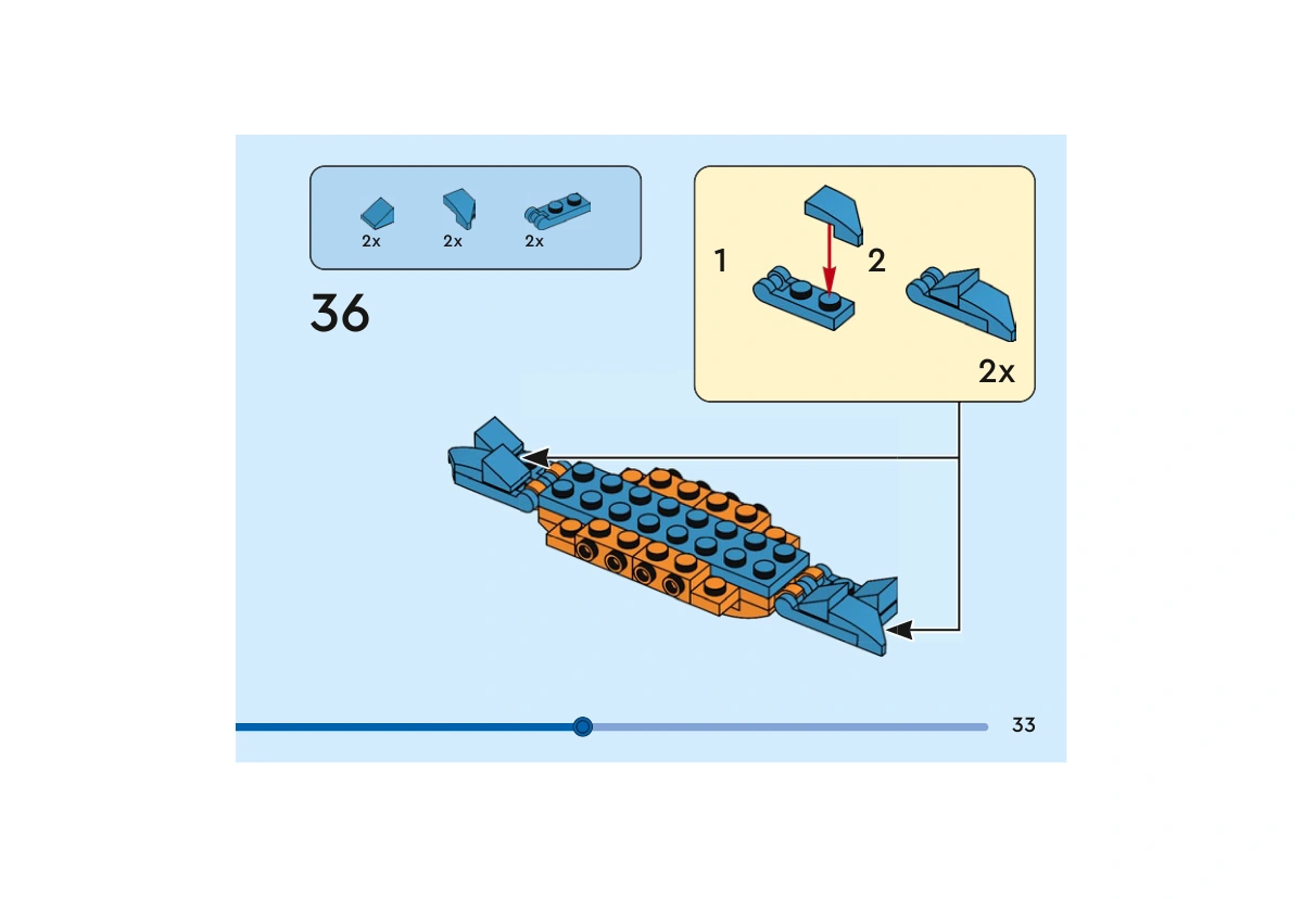 Notice officielle LEGO 40800, livret 6592659, page 33, étape 36 : Deux petits sous-ensembles de mèches azur foncé sont préparés puis fixés aux extrémités de la partie arrière de la chevelure. L’encadré indique deux exemplaires de ce montage.