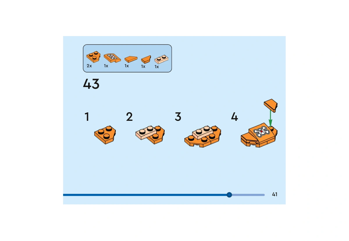 Notice officielle LEGO 40800, livret 6592659, page 41, étape 43 — sous-étapes 1 à 4 : Les petites pièces orange et une plaque nougat clair composent un sous-ensemble portant la pente orange au crâne imprimé. Cette page prépare l’avant du chapeau ; sa fixation intervient page 42.
