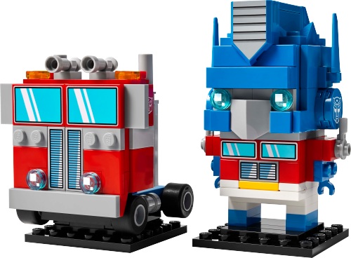 Modèle officiel LEGO 40803 : Robot et véhicule Optimus Prime. Le robot rouge et bleu et le camion partagent les couleurs d’Optimus Prime ; leurs vitres et leurs calandres utilisent des impressions distinctes.