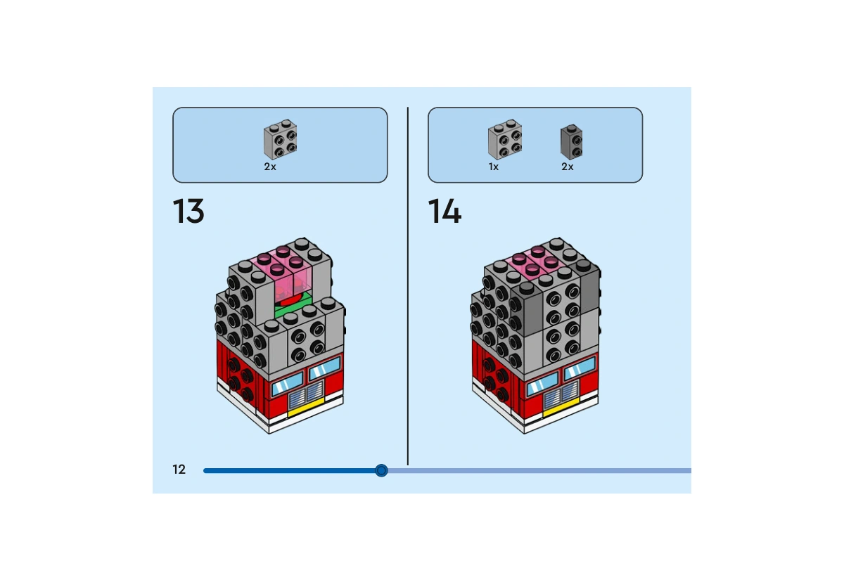 Notice officielle LEGO 40803, livret 6566702, page 12, étape 13 et 14 : Les briques grises à tenons latéraux entourent le noyau rose foncé transparent déjà posé. Les deux étapes préparent les points d’attache des surfaces du casque.