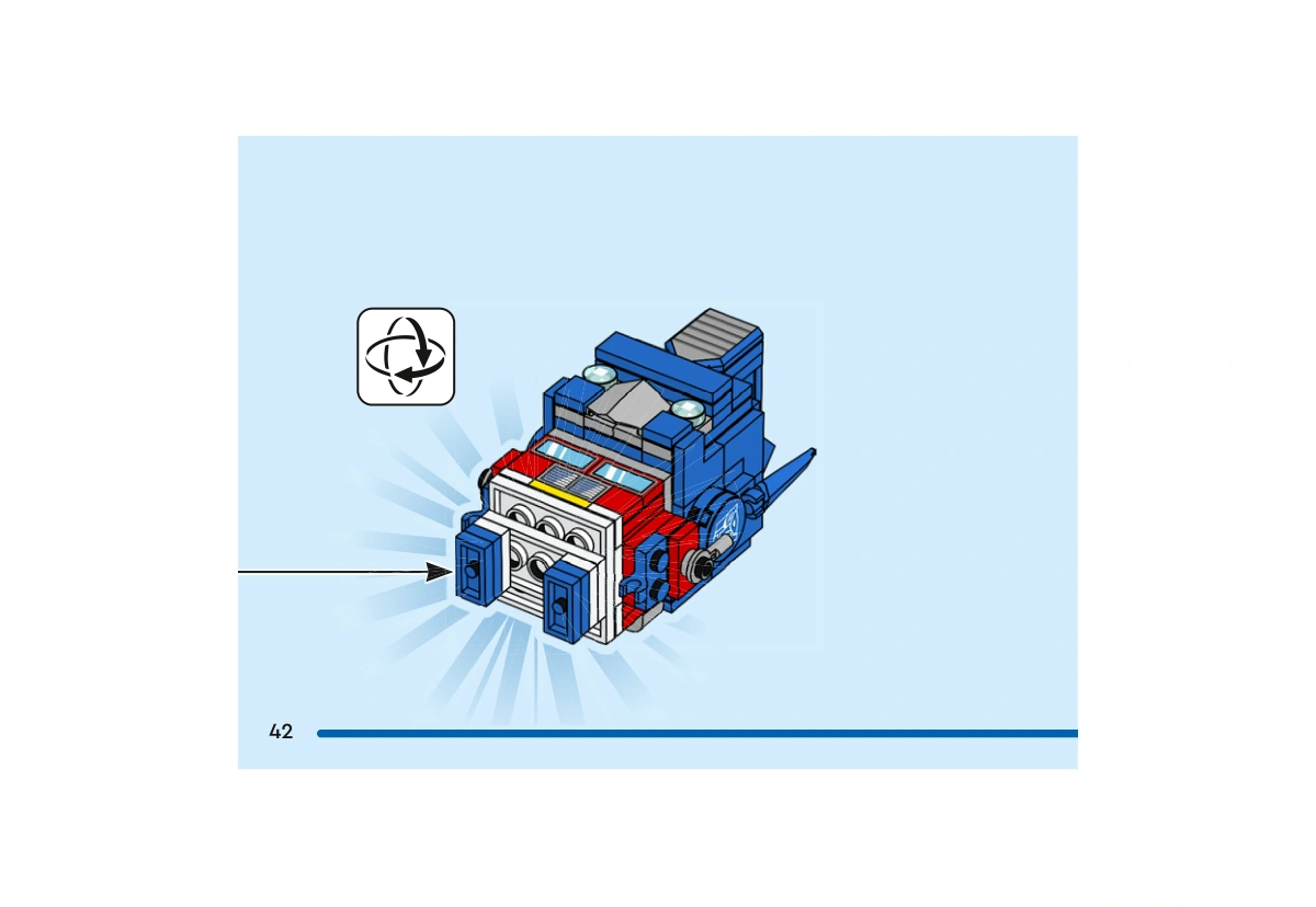 Notice officielle LEGO 40803, livret 6566702, page 42, étape 48 : Le robot est présenté retourné. Les deux jambes blanches, grises et bleues préparées page 41 rejoignent le dessous du corps.