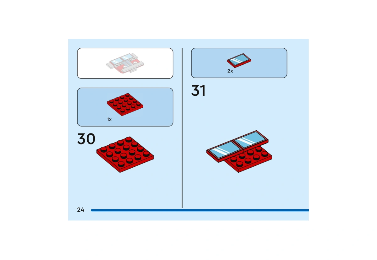 Notice officielle LEGO 40803, livret 6566707, page 24, étape 30 et 31 : Une plaque rouge 4×4 prépare la plateforme. Deux tuiles rouges imprimées 2×3 forment ensuite les deux moitiés du pare-brise azur.