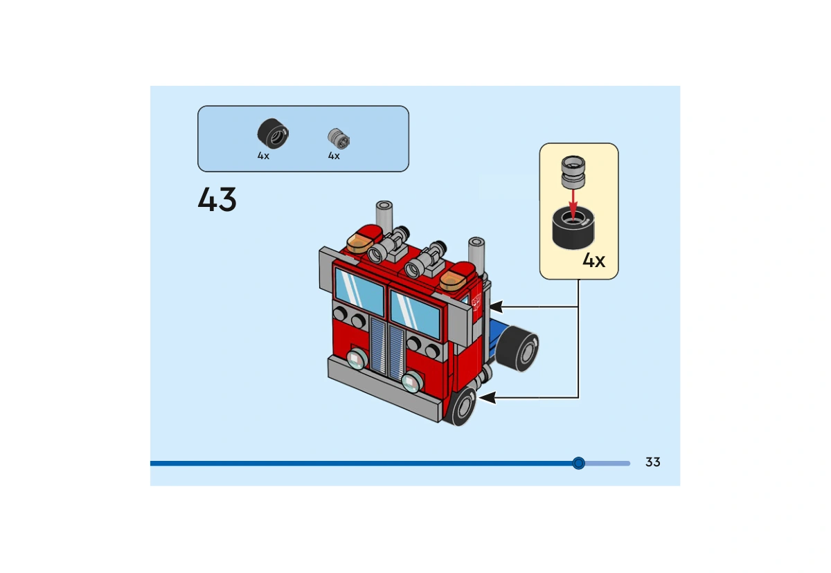 Notice officielle LEGO 40803, livret 6566707, page 33, étape 43 : Quatre pneus noirs reçoivent chacun leur moyeu gris avant leur fixation de part et d’autre du camion. Les quatre exemplaires sont indiqués dans l’encadré.