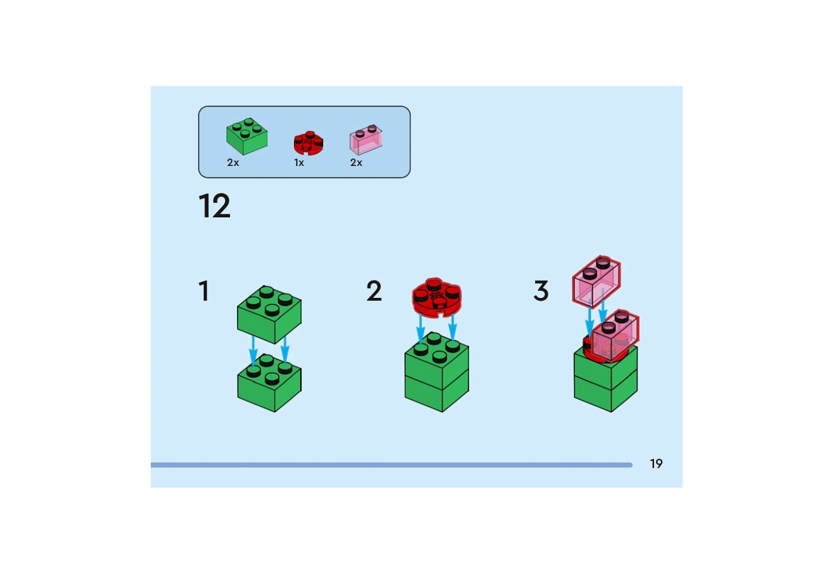 Notice officielle LEGO 40804, livret 6566709, page 19, étape 12 — sous-étapes 1 à 3 : Deux briques vertes 2×2 sont empilées, puis complétées par une plaque ronde rouge et deux briques rose foncé transparent 1×2. Le sous-ensemble est préparé à part ; il rejoint le modèle page 20.
