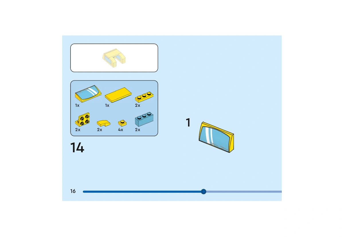Notice officielle LEGO 40804, livret 6566711, page 16, étape 14 — sous-étape 1 : La pente incurvée jaune 2×4 portant le pare-brise imprimé commence le sous-ensemble de toit. Les autres pièces de l’encadré sont ajoutées dans les sous-étapes des pages suivantes.