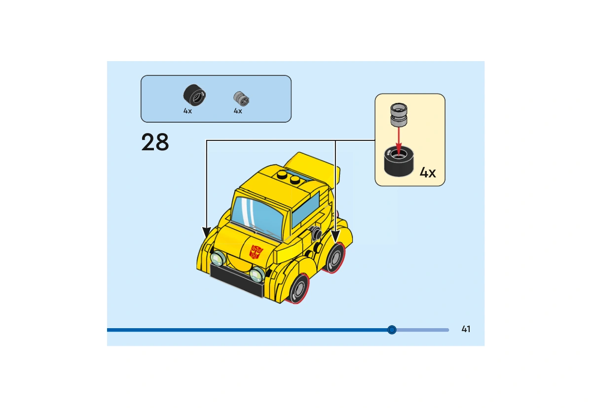 Notice officielle LEGO 40804, livret 6566711, page 41, étape 28 : Les quatre moyeux gris sont insérés dans les pneus noirs. Les roues sont ensuite fixées aux deux côtés de la voiture.