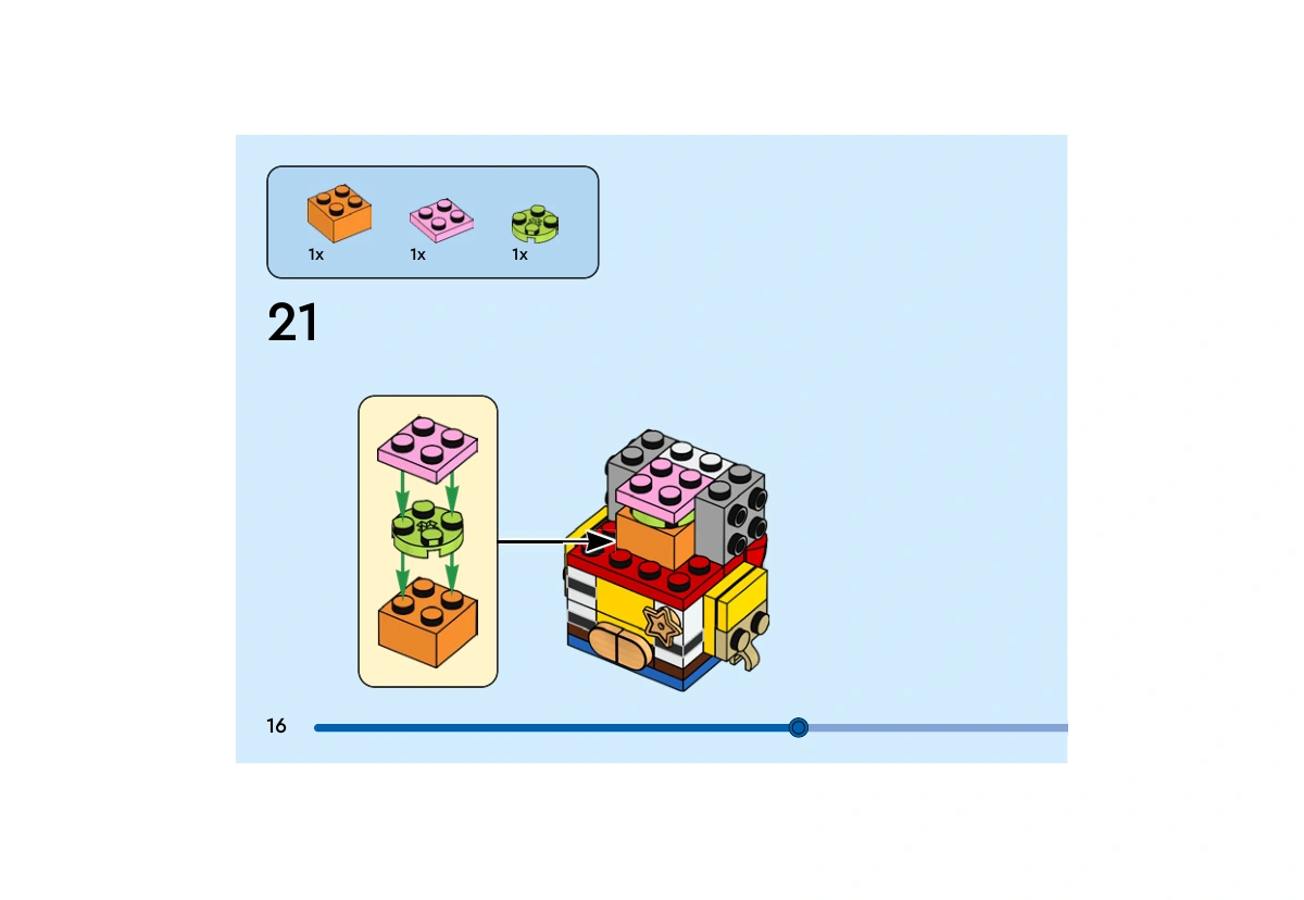 Notice officielle LEGO 40860, livret 6650424, page 16, étape 21 : Une brique orange 2×2 reçoit une plaque ronde vert citron 2×2 et une plaque rose vif 2×2. Ce noyau rejoint ensuite la structure de la tête.