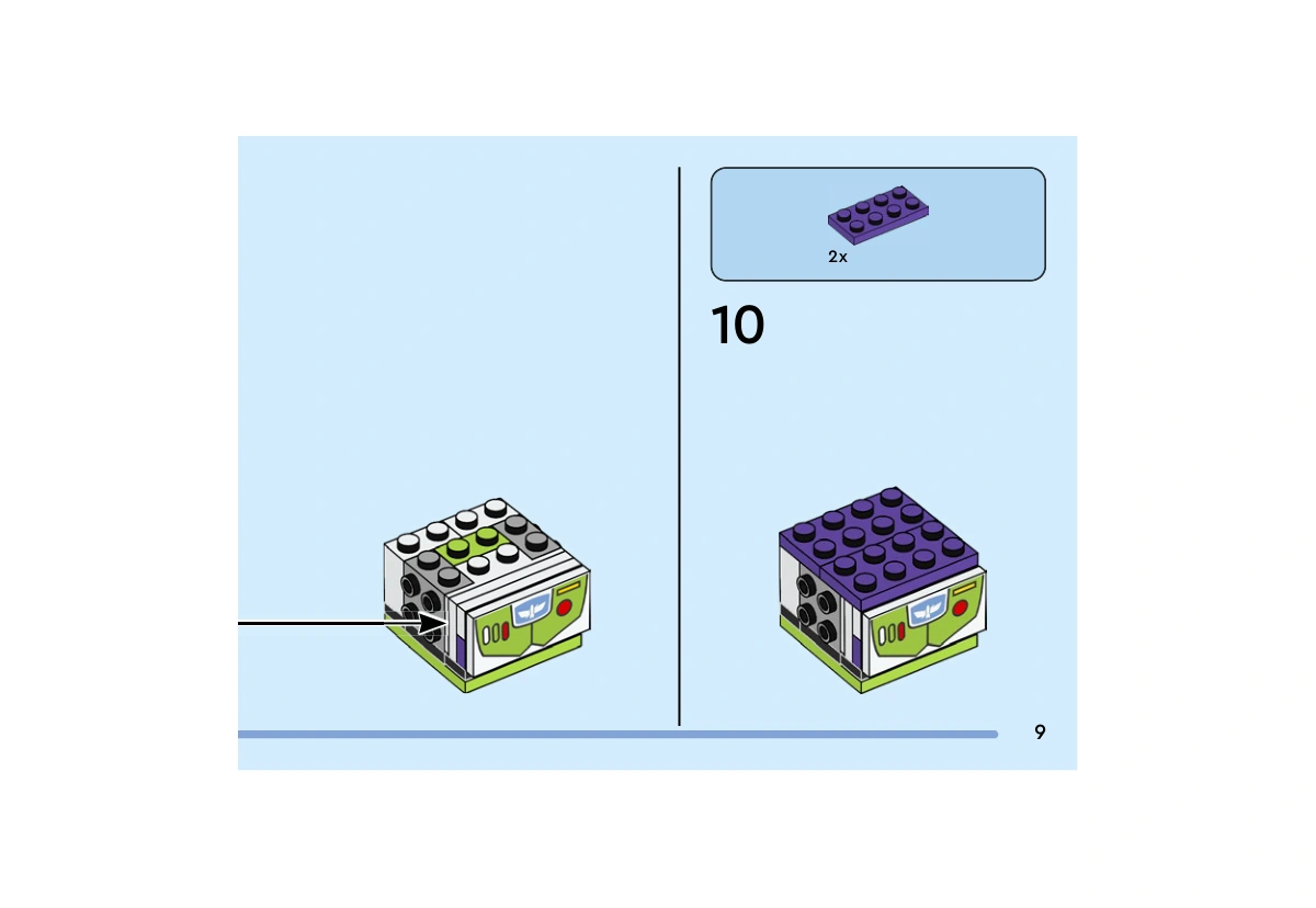 Notice officielle LEGO 40860, livret 6650428, page 9, étape 9 — sous-étape 3 ; 10 : Le plastron blanc imprimé est fixé à l’avant du torse. À l’étape 10, deux plaques violet foncé 2×4 couvrent le haut du corps.