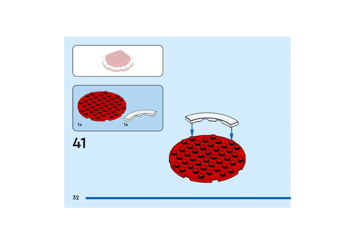 Notice officielle LEGO 40860, livret 6650431, page 32, étape 41 : Le premier arc blanc 4×4 est ajouté à la grande plaque ronde rouge du chapeau. Le deuxième arc est posé à la page suivante ; le bord blanc n’est pas complet dans cette vue.
