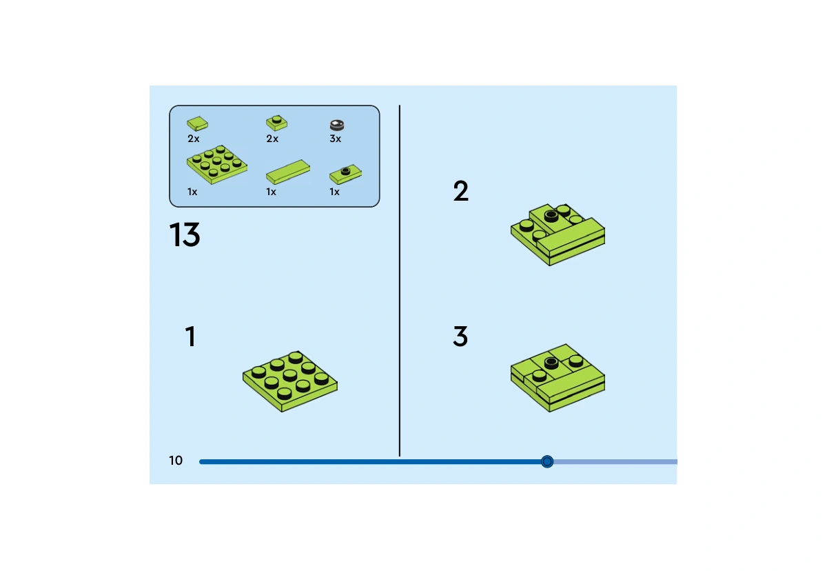 Notice officielle LEGO 40860, livret 6650433, page 10, étape 13 — sous-étapes 1 à 3 : Les petites pièces vert citron préparent les appuis des trois yeux. Les yeux noirs figurent dans l’encadré de pièces mais ne sont pas encore posés dans cette vue ; leur pose apparaît page 11.
