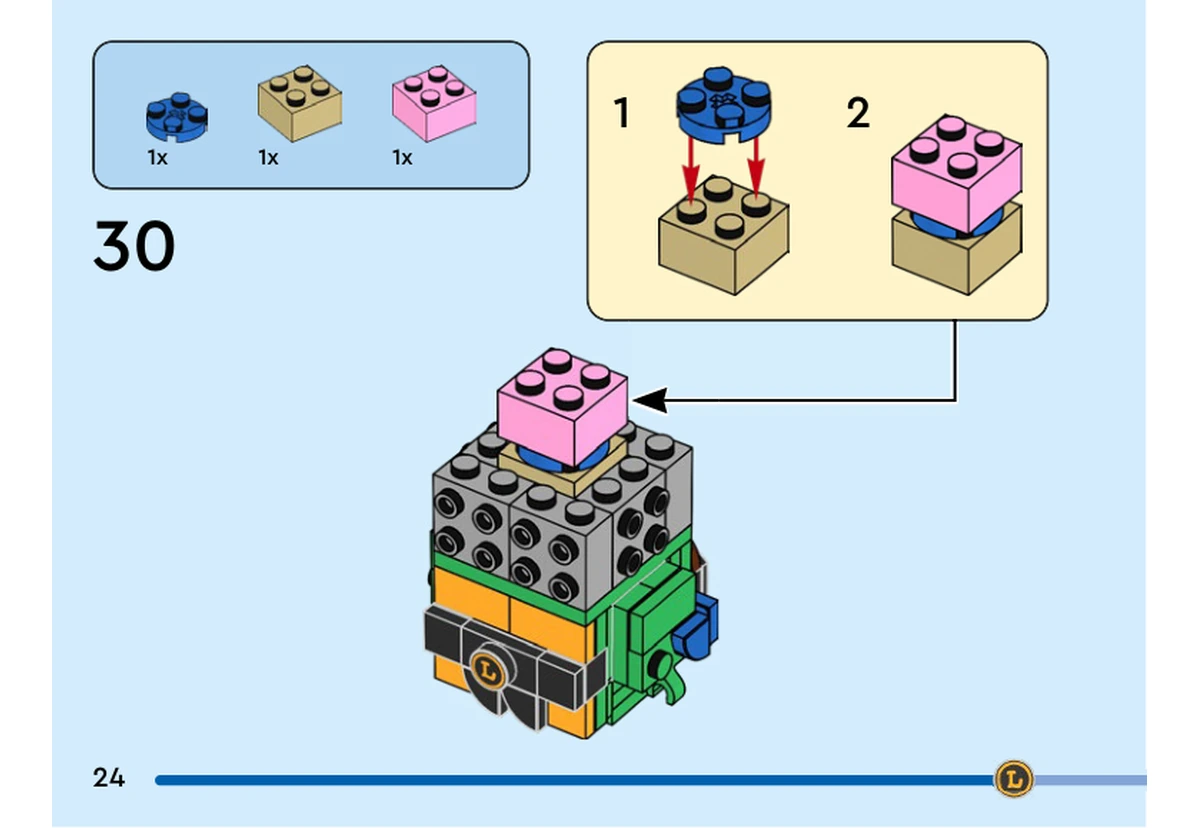 Notice officielle LEGO 40878, livret 6640165, page 24, étape 30 : Une brique beige 2 × 2 reçoit une plaque ronde bleue puis une brique rose 2 × 2. L’encart montre l’empilement en deux temps ; la flèche place le noyau au milieu des supports gris, au-dessus du corps de Leonardo.