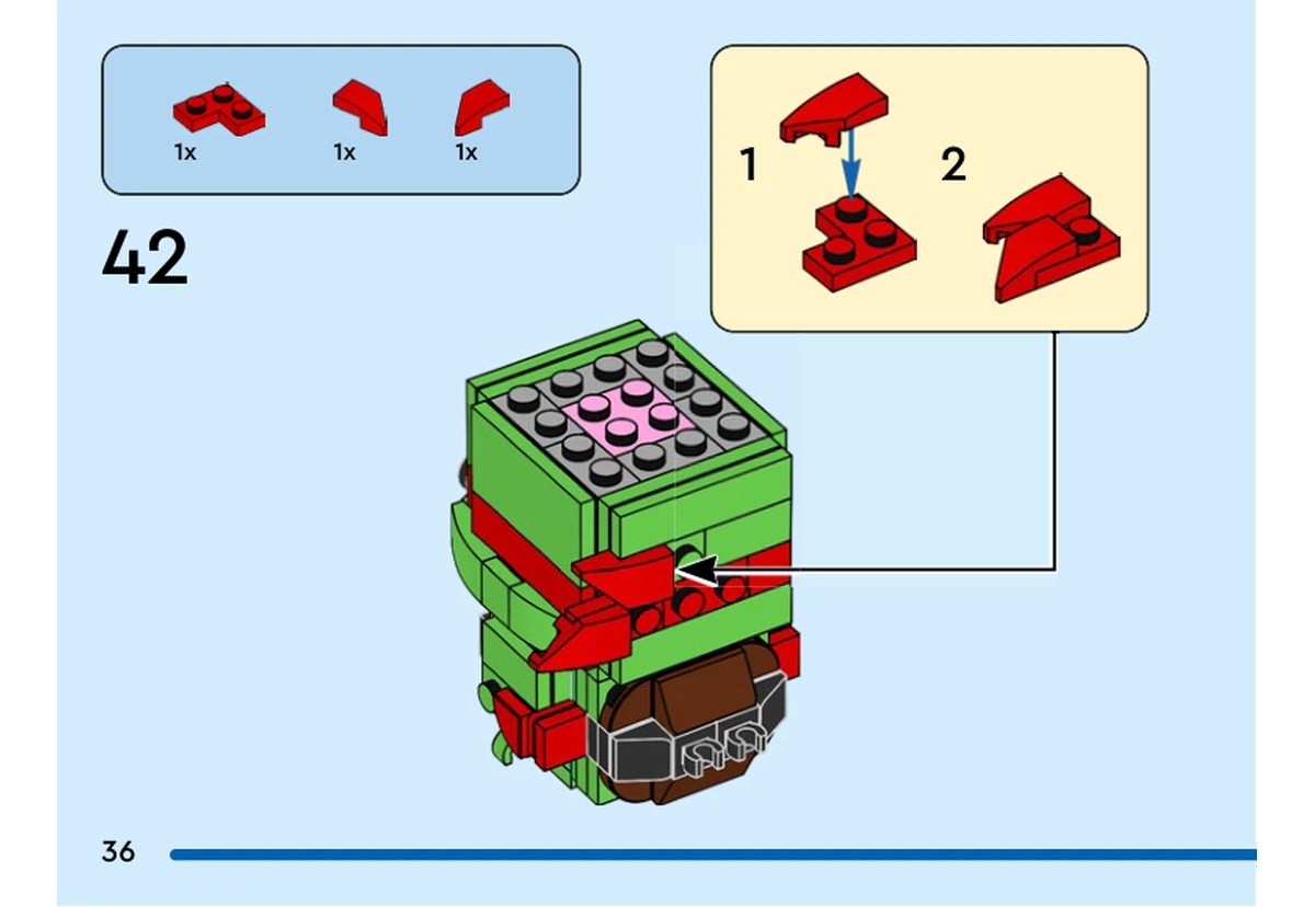 Notice officielle LEGO 40878, livret 6640168, page 36, étape 42 : Une plaque rouge en angle 2 × 2 à trois tenons reçoit deux pièces rouges à coupes obliques, symétriques gauche et droite. Les flèches placent le nœud sur l’arrière du masque rouge ; la tête est encore ouverte, avec le noyau rose visible.
