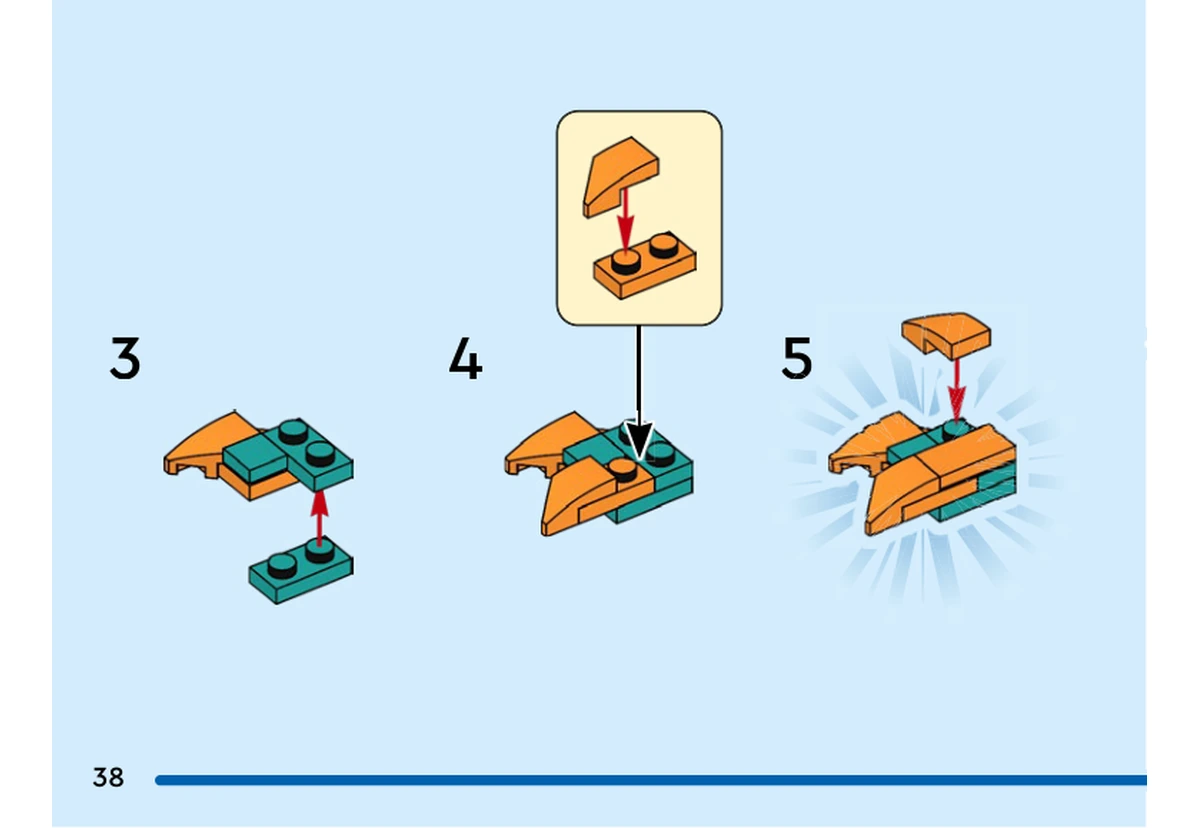 Notice officielle LEGO 40878, livret 6640171, page 38, étape sous-étapes 3 à 5 : La page continue un sous-ensemble de nœud : des plaques bleu-vert relient les supports orange, puis une dernière pièce orange se fixe sur le dessus. Les sous-étapes 3, 4 et 5 sont visibles ; la fixation sur le personnage intervient dans la suite du livret.