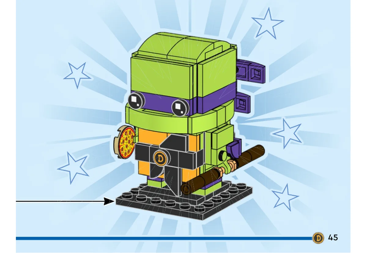Notice officielle LEGO 40878, livret 6640174, page 45, étape vue finale : Donatello est présenté sur son socle noir : tête vert citron, masque violet et ceinture à initiale D. Il tient une pizza imprimée et un bâton marron ; les deux extrémités du nœud violet restent visibles derrière sa tête.