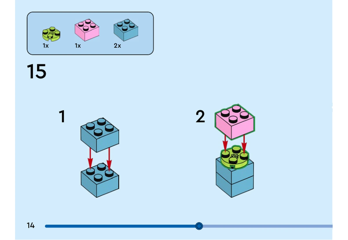 Notice officielle LEGO 40879, livret 6625295, page 14, étape 15 : La page prépare un sous-ensemble : deux briques bleues 2 × 2 s’empilent, puis une plaque ronde vert citron et une brique rose 2 × 2 se fixent dessus. Aucun personnage n’est montré sur cette page ; la pose du noyau se poursuit à la page suivante.