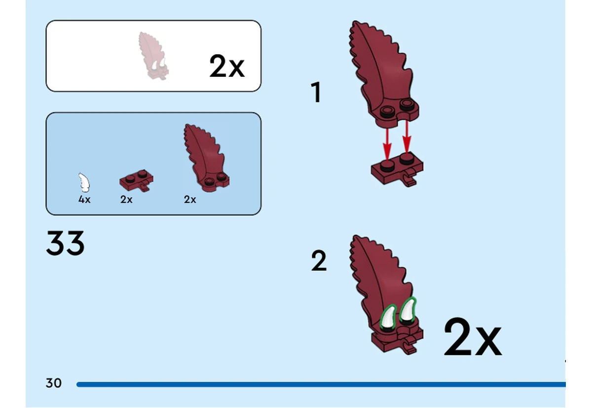 Notice officielle LEGO 40879, livret 6625298, page 30, étape 33 : Deux pétales rouge foncé identiques sont préparés. Chaque pétale se fixe sur une petite plaque, puis reçoit deux dents blanches. Le dessin indique une répétition deux fois, soit quatre dents blanches pour ces deux sous-ensembles.