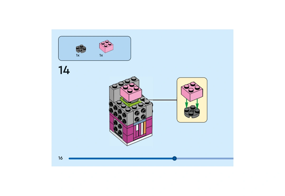 Notice officielle LEGO 40884, livret 6605072, page 16, étape 14 : Une plaque ronde gris bleuté foncé 2×2 et une brique rose 2×2 complètent le noyau posé sur les briques vert citron. Les surfaces latérales restent accessibles pour l’habillage.