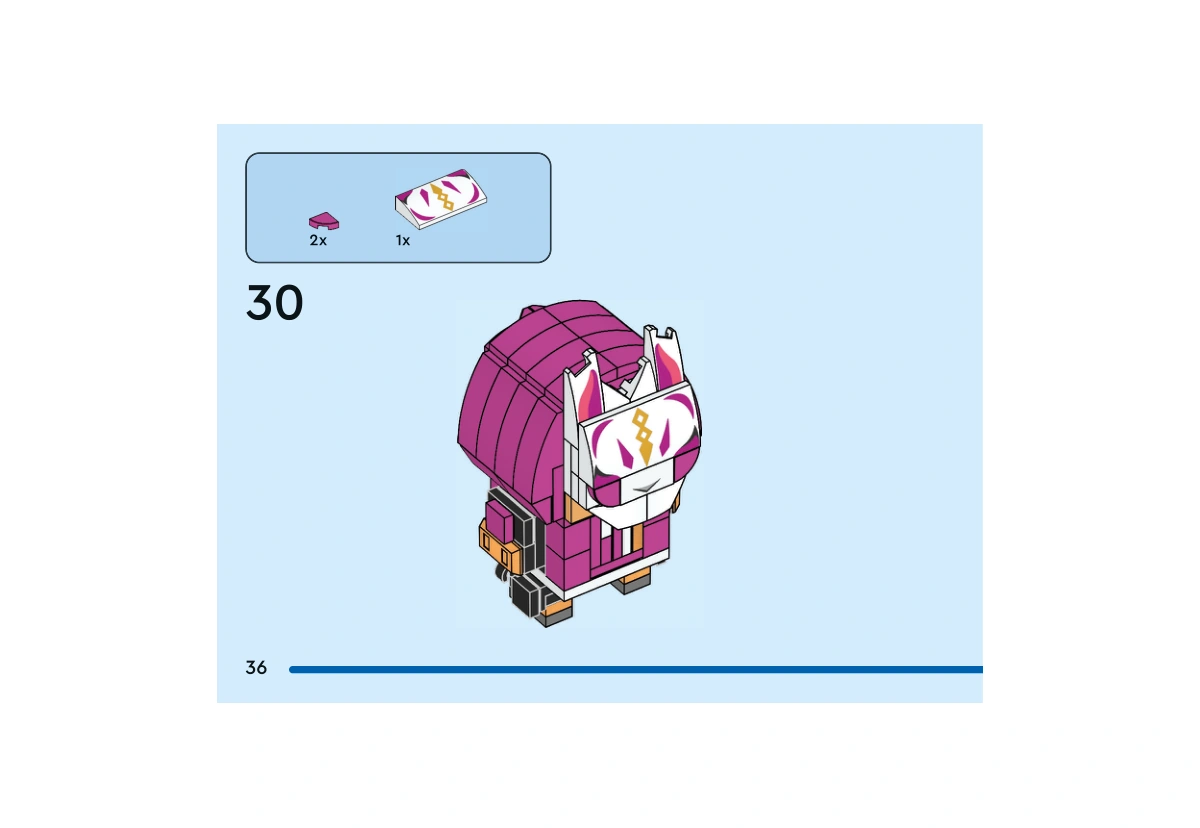 Notice officielle LEGO 40884, livret 6605072, page 36, étape 30 : La grande pente blanche incurvée au masque imprimé est ajoutée à l’avant, avec deux petites pentes magenta 1×1. Les oreilles et le bas blanc du masque sont déjà en place.
