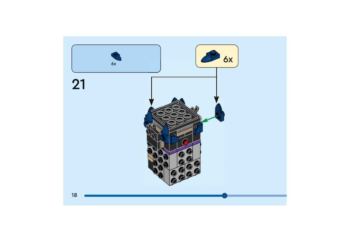 Notice officielle LEGO 40884, livret 6605073, page 18, étape 21 : Six coins bleu foncé sont ajoutés aux épaules du torse présenté retourné. Les reliefs gauche et droit doivent conserver leur orientation.