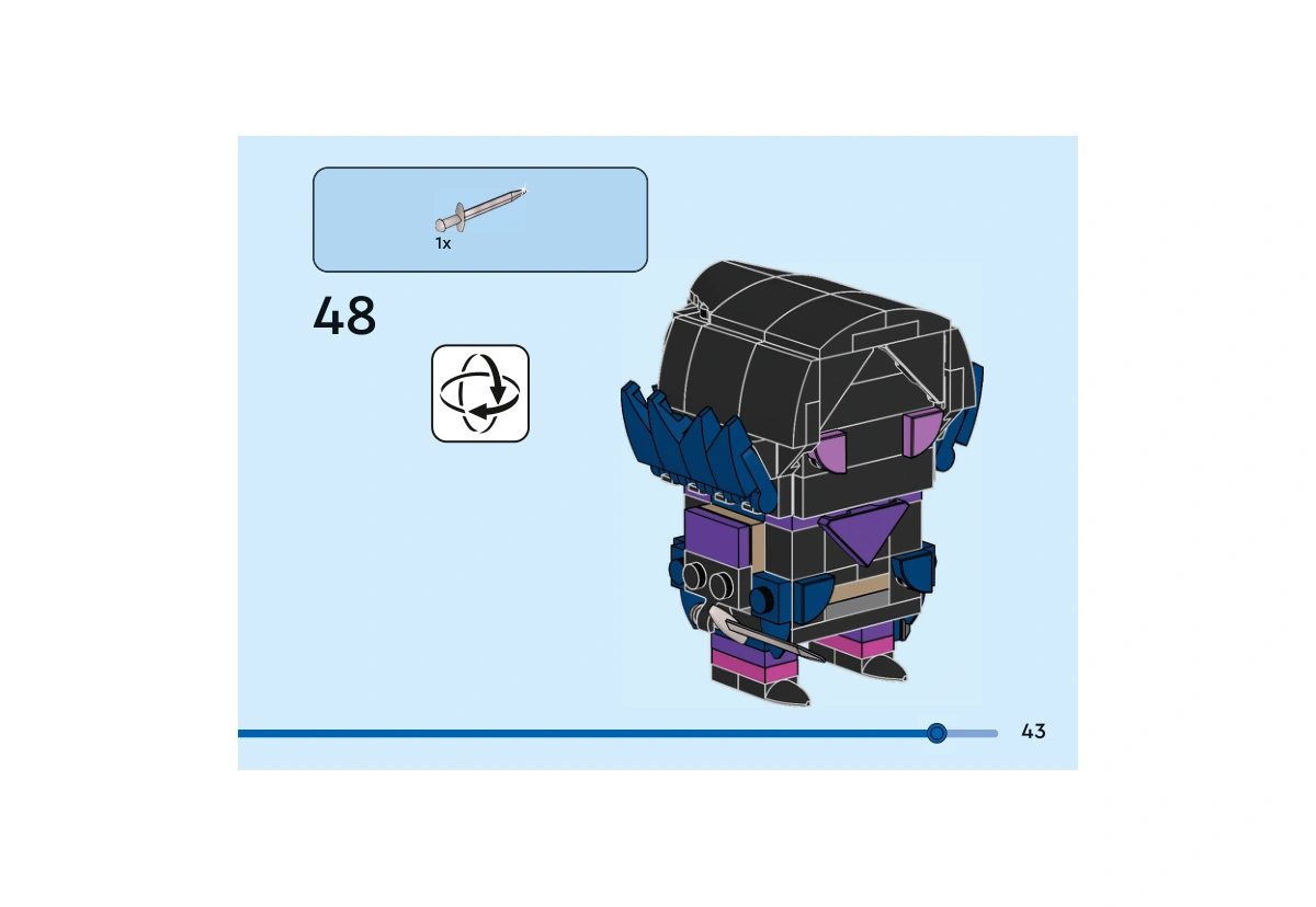 Notice officielle LEGO 40884, livret 6605073, page 43, étape 48 : Après le retournement indiqué, la grande épée argentée est ajoutée à la main de Corbeau. Cette page montre la pose de l’accessoire sur le personnage.