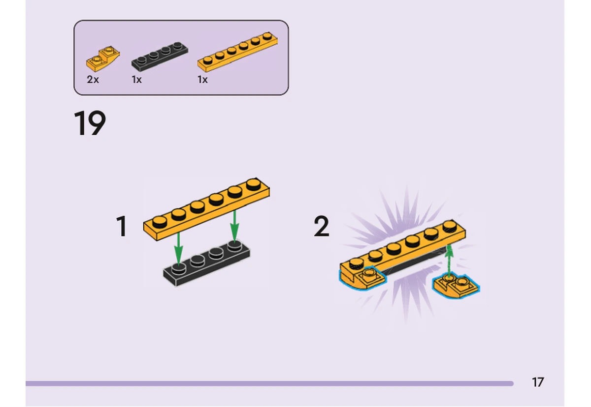 Notice officielle LEGO 40910, livret 6633497, page 17, étape 19 : Une plaque jaune-orangé 1 × 6 recouvre une plaque noire 1 × 4. Deux petites courbes inversées se fixent sous les extrémités ; ce sous-ensemble prépare le support des cornes, sans montrer ici les cornes terminées.