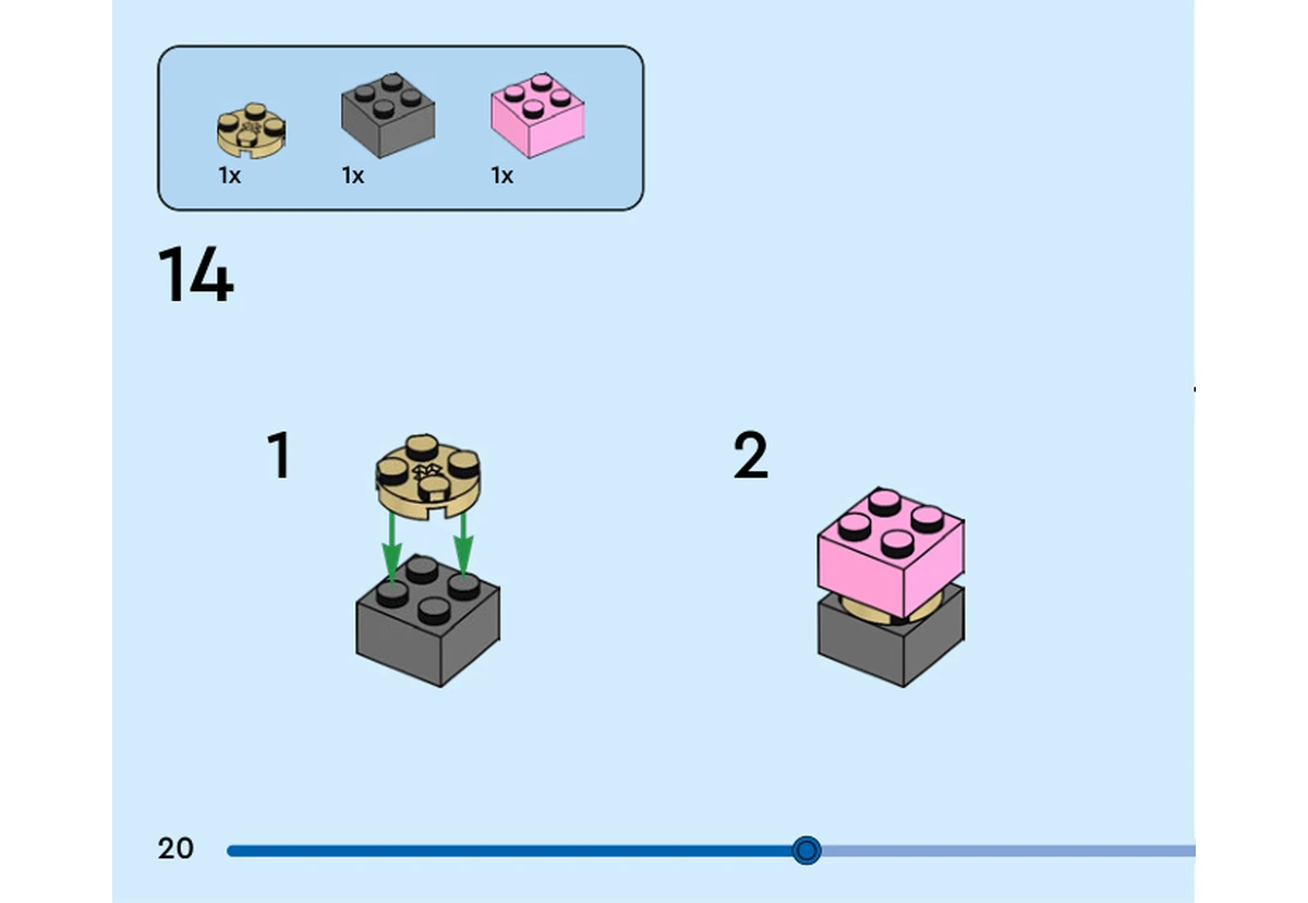 Notice officielle LEGO 40922, livret 6631416, page 20, étape 14 : La page prépare seulement un petit sous-ensemble. Une brique gris foncé 2 × 2 reçoit une plaque ronde tan 2 × 2, puis une brique rose 2 × 2. La pose sur le corps n’est pas montrée sur cette page.