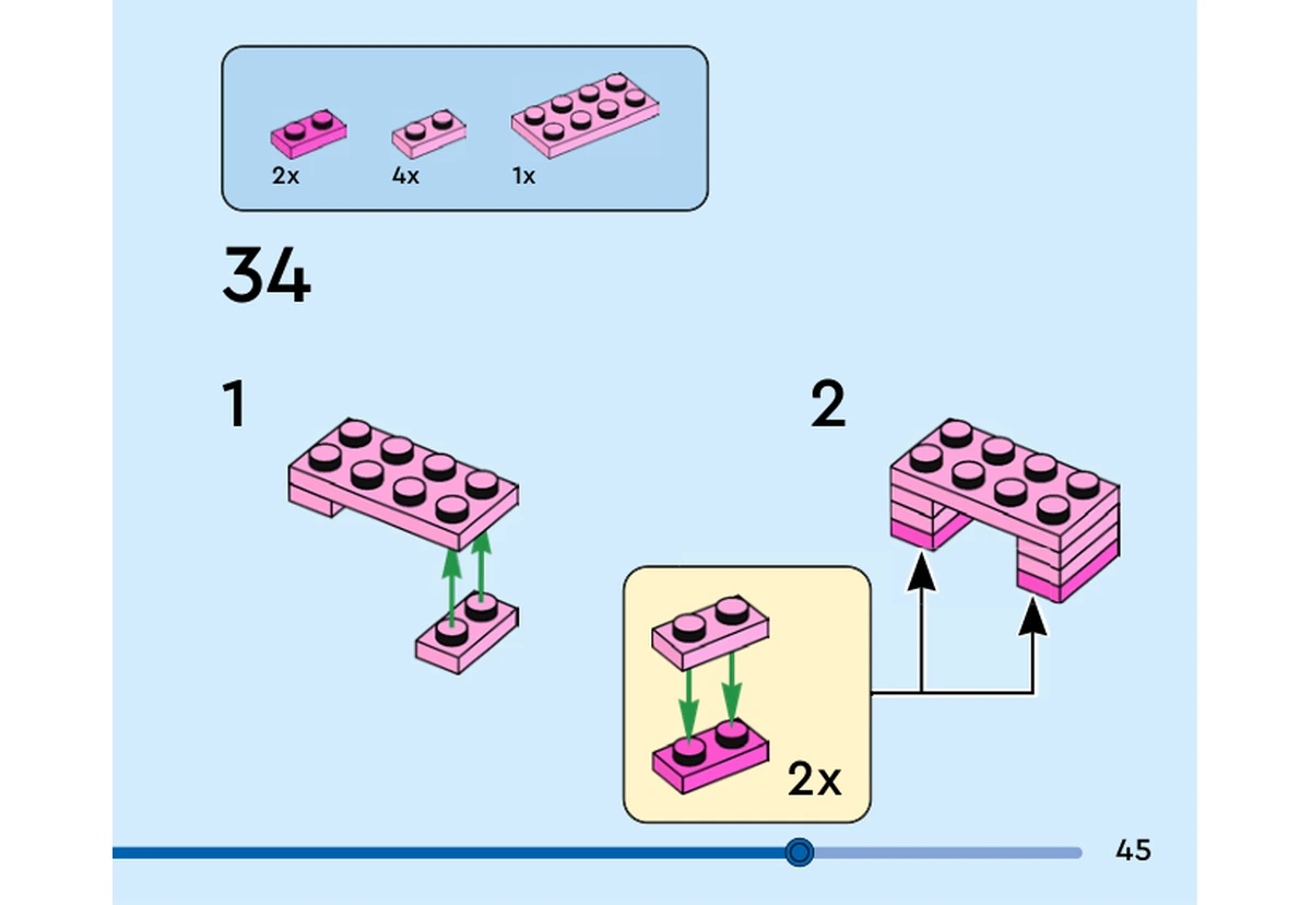 Notice officielle LEGO 40922, livret 6631416, page 45, étape 34 : Des plaques roses 2 × 4 et 1 × 2 se superposent pour préparer le module supérieur de la tête. Les sous-ensembles répétés de petites plaques complètent ce module ; les antennes ne sont pas encore montées sur cette page.
