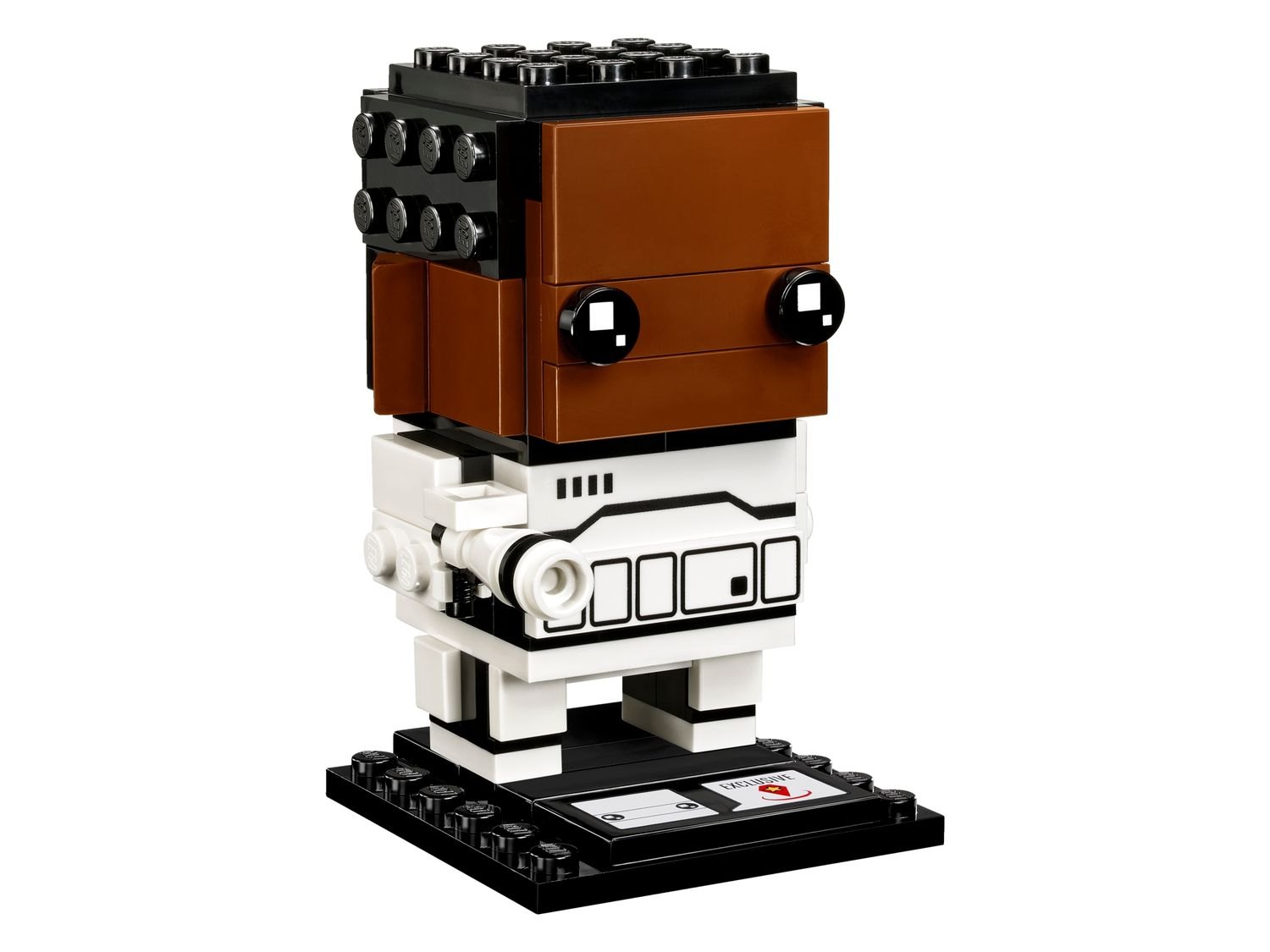 Photographie officielle de Finn LEGO BrickHeadz 41485 : tête brune, cheveux noirs, armure blanche imprimée, pistolet amovible et socle noir collector.