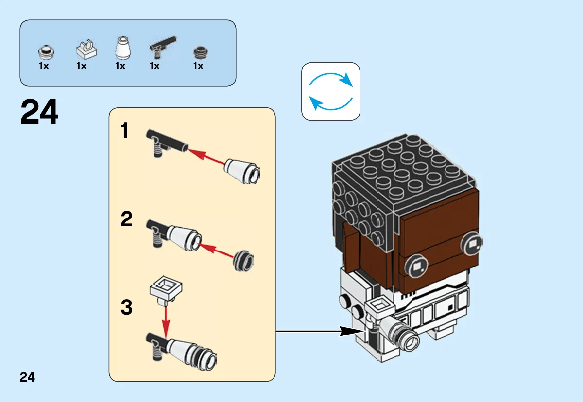 Notice LEGO 41485, page 24 : étape 24, assemblage du pistolet noir et blanc puis fixation dans la main de Finn.