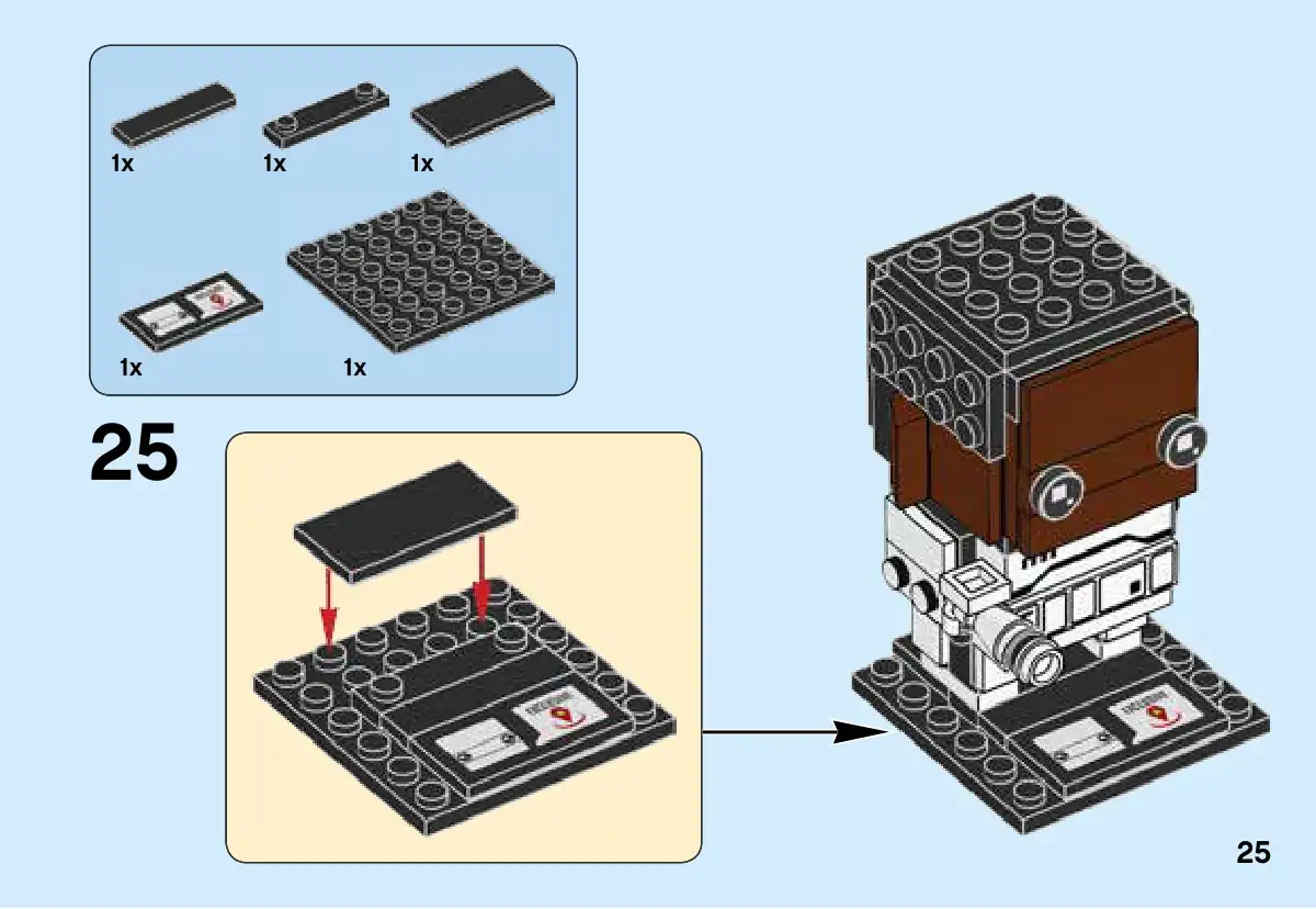 Notice LEGO 41485, page 25 : étape 25, construction du socle noir avec sa tuile collector puis placement de Finn sur la base.