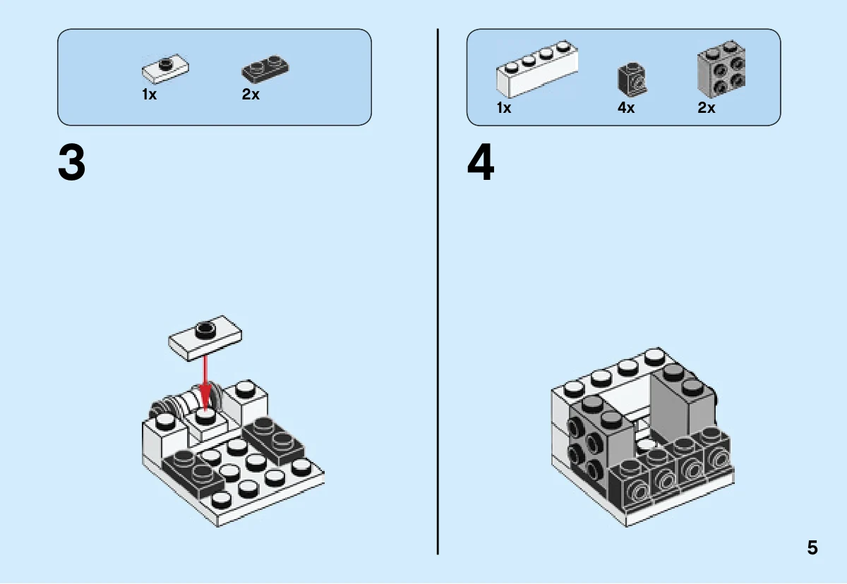 Notice LEGO 41485, page 5 : étapes 3 et 4, ajout de plaques noires et de briques à tenons latéraux à la structure blanche.