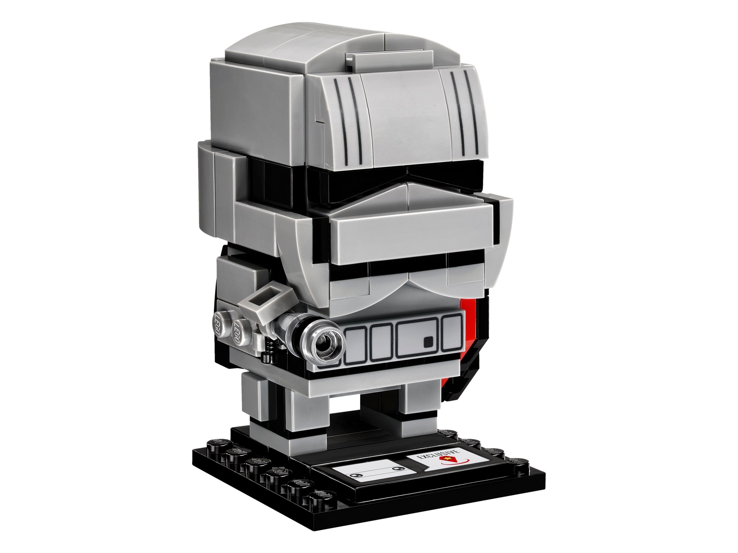 BrickHeadz gris argenté au casque à visière noire, avec ceinture décorée, pistolet, cape noire bordée de rouge et socle noir.