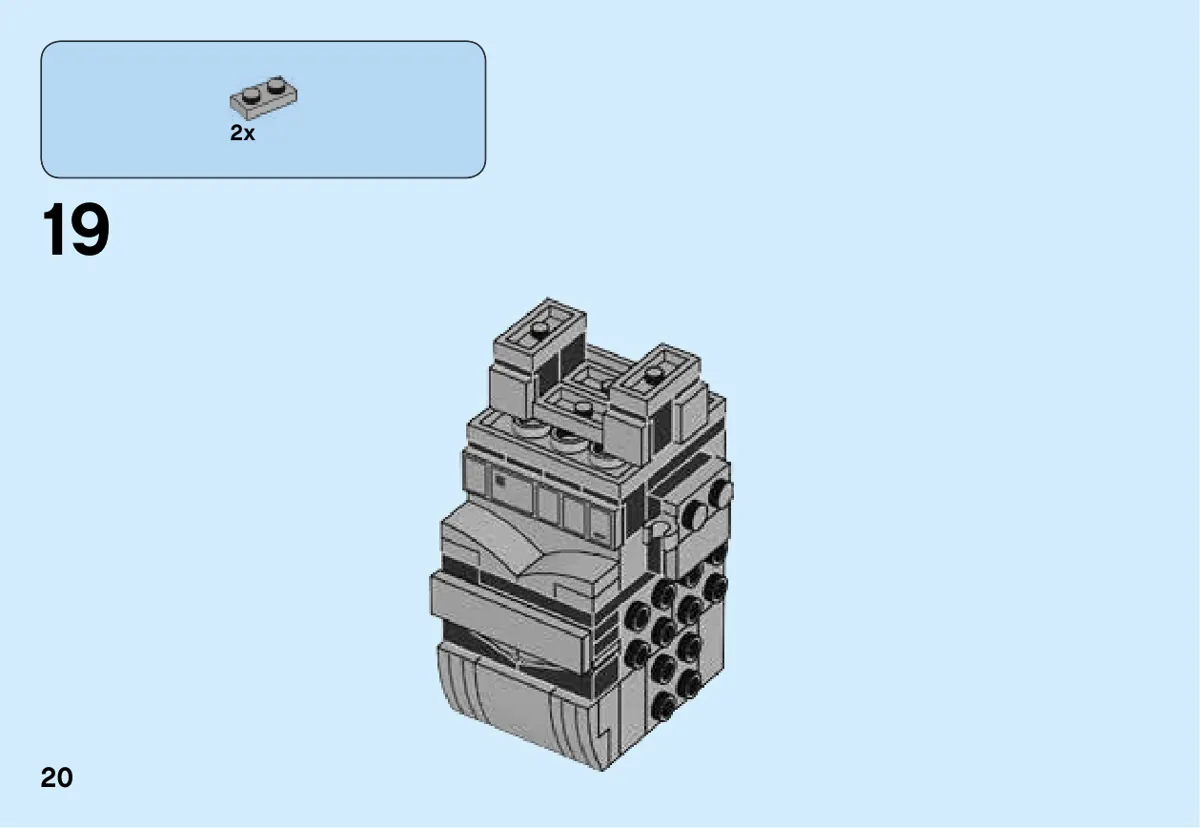Page 20 de la notice LEGO 41486 : Le personnage est présenté à l’envers ; deux plaques grises complètent le bas des jambes avant qu’il soit retourné à l’étape suivante.