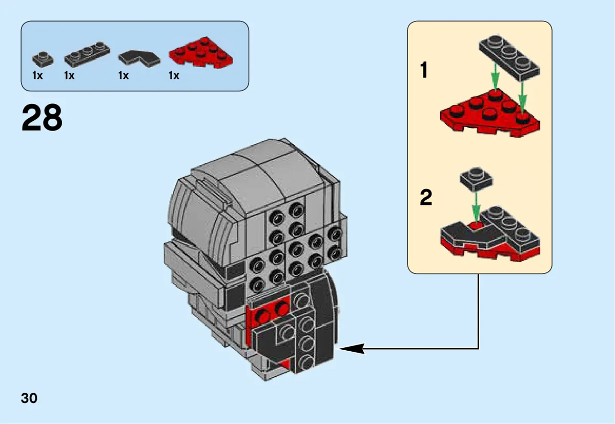 Page 30 de la notice LEGO 41486 : La page détaille un sous-assemblage noir et rouge fixé au dos du personnage.