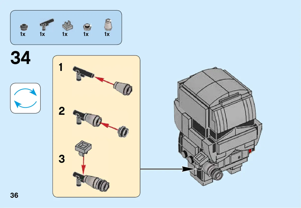 Page 36 de la notice LEGO 41486 : Le pistolet se monte en plusieurs éléments, puis se place sur le côté du personnage.